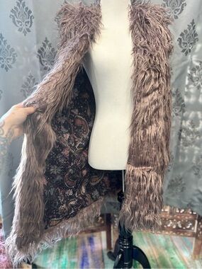 Free People Pink Taupe Shag Faux Fur Coat with Paisley Lining
